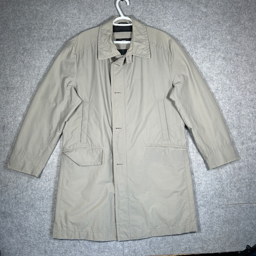 Hugo Boss Trench Coat‎ Mens 38R Beige Car Jacket Overcoat Luxury Designer